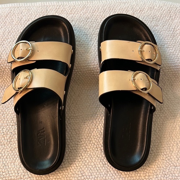 Zara Slide Sandal Upper Leather Beige Size 37
